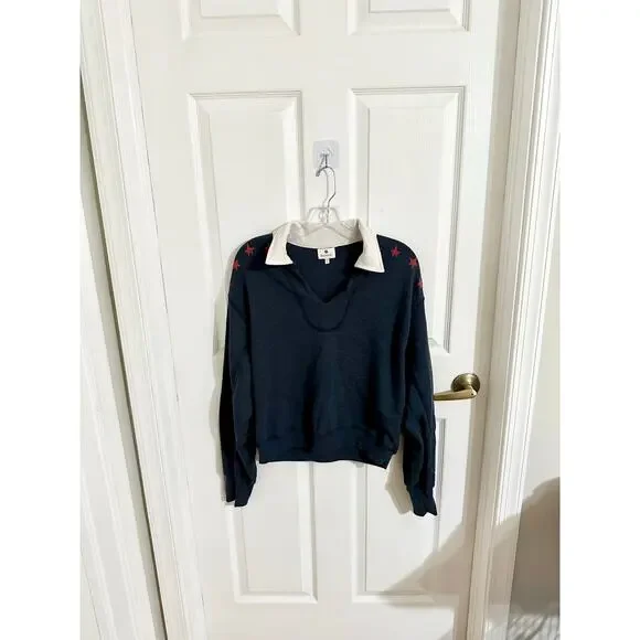 Sundry Vintage Terry Popover Polo Sweatshirt Blue Stars Size Medium - Picture 3 of 10
